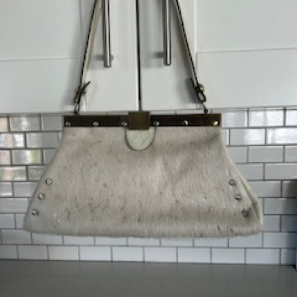 Patricia Nash Cream/White Haircalf Satchel with Brass Hardware